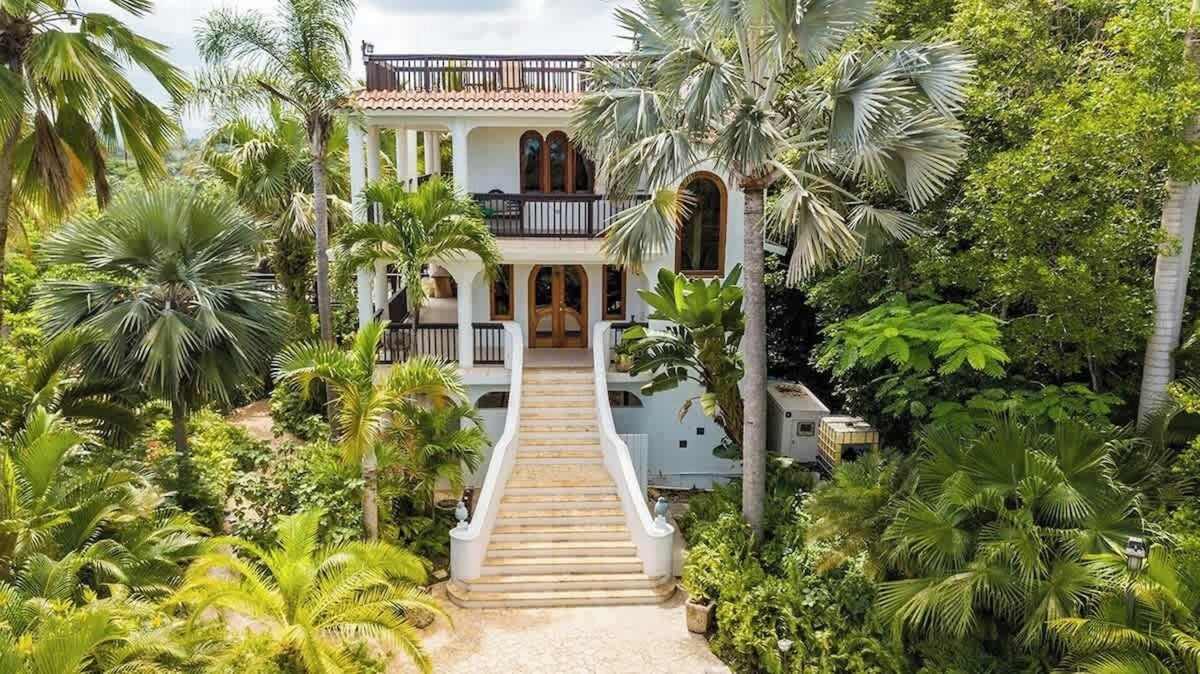Stone stairway climbing through tropical gardens to the villa entrance